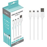 Câble 3 connectiques blanc 1m SD