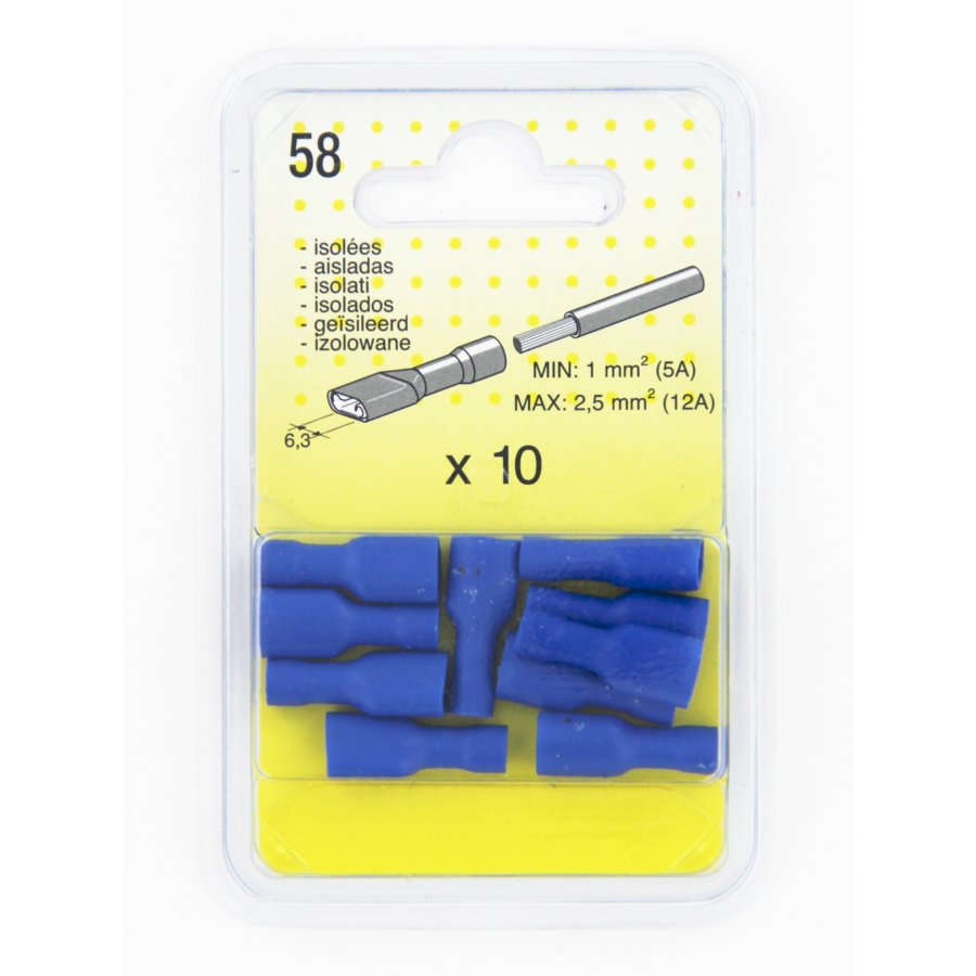 10 Cosses plates isolées bleues 6.3 femelle