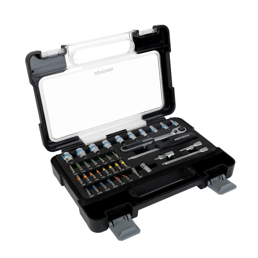 Coffret clé à cliquet carré 1/4'' + douilles 6 pans 5,5-14mm et embouts NORAUTO 38 pièces