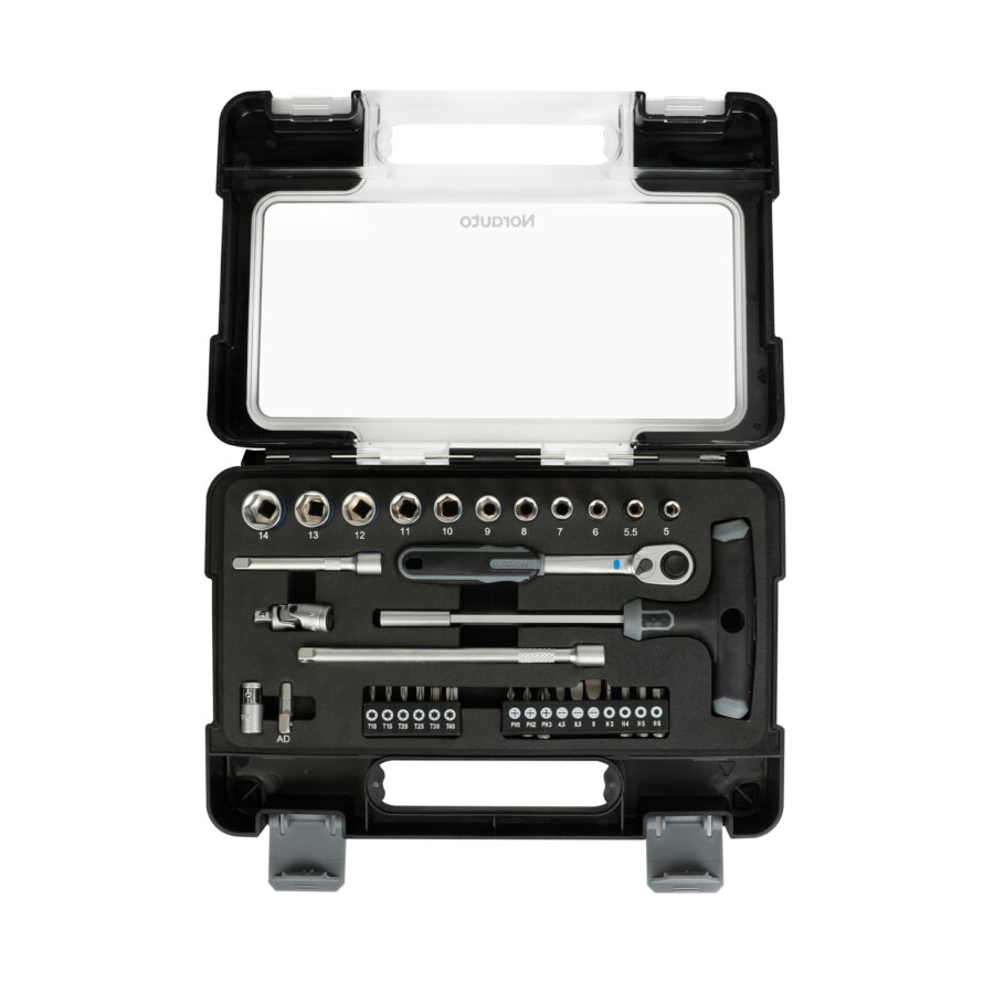Coffret clé à cliquet carré 1/4'' + douilles 6 pans 5-14mm et embouts NORAUTO 34 pièces