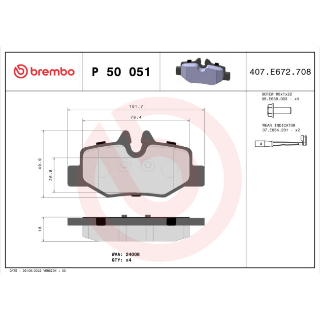 4 Plaquettes De Frein Brembo P50051