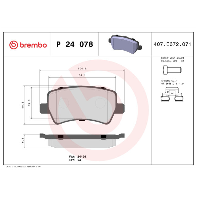 4 Plaquettes De Frein Brembo P24078