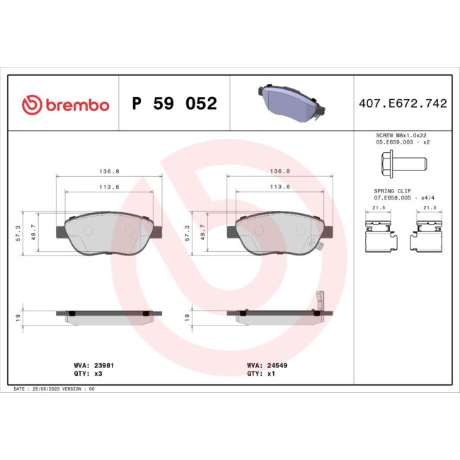 4 Plaquettes De Frein Brembo P59052