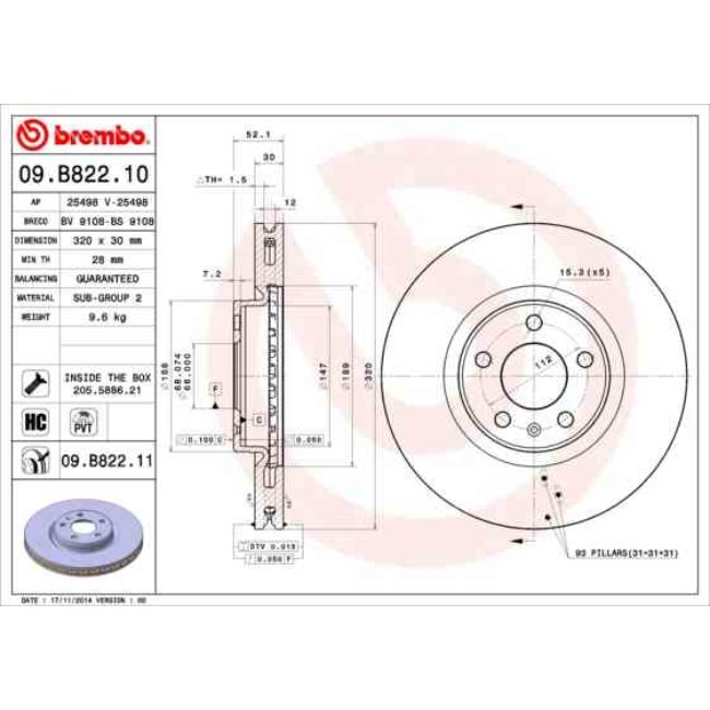 1 Disque De Frein Brembo Vernis Uv 09.b822.11