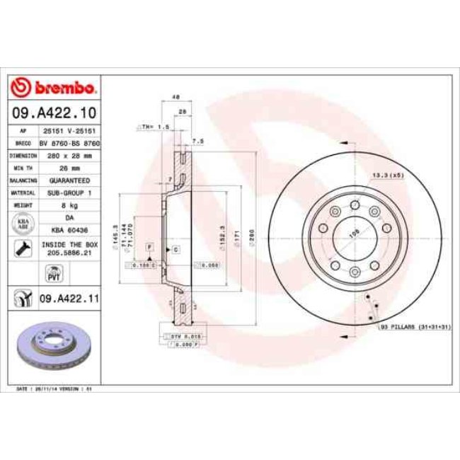 2 Disques De Frein Brembo 09.a422.10