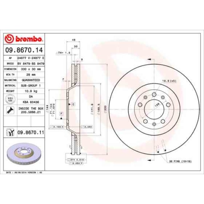 1 Disque De Frein Brembo Vernis Uv 09.8670.11