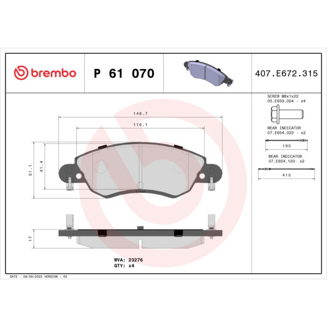4 Plaquettes De Frein Brembo P61070