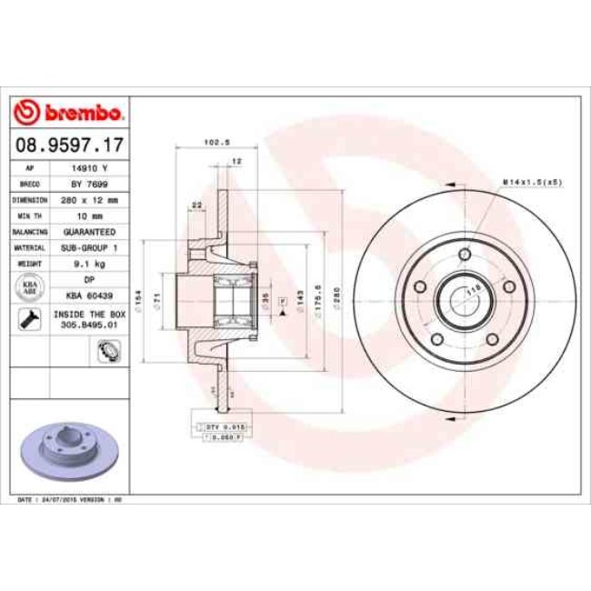 1 Disque De Frein Avec Roulement Brembo 08.9597.17