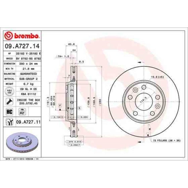 2 Disques De Frein Brembo 09.a727.14