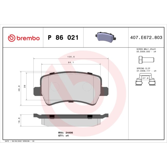 4 Plaquettes De Frein Brembo P86021
