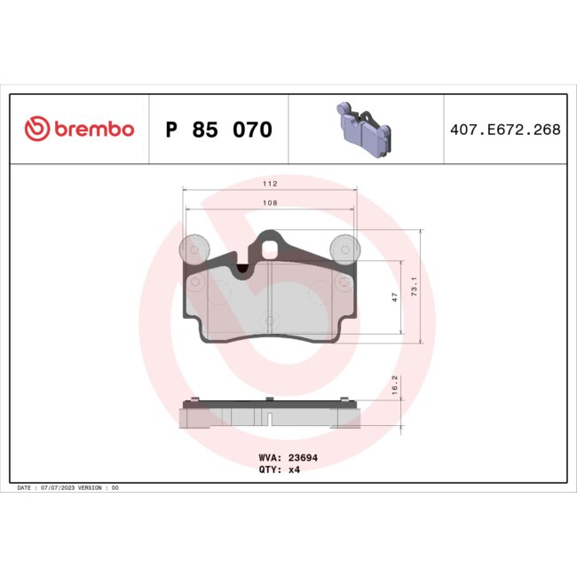 4 Plaquettes De Frein Brembo P85070