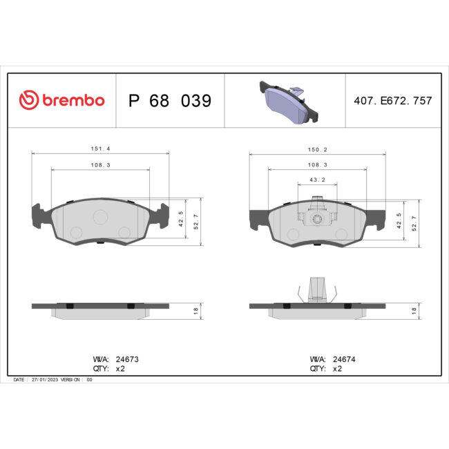 4 Plaquettes De Frein Brembo P68039