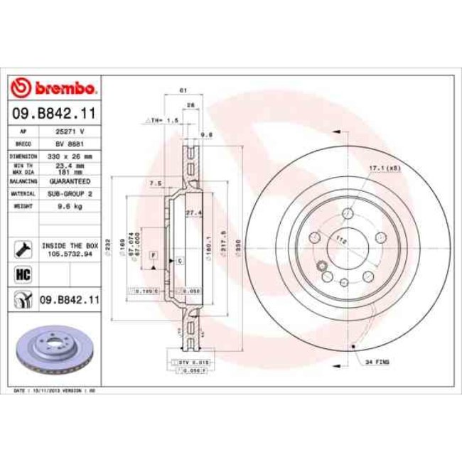 1 Disque De Frein Brembo Vernis Uv 09.b842.11