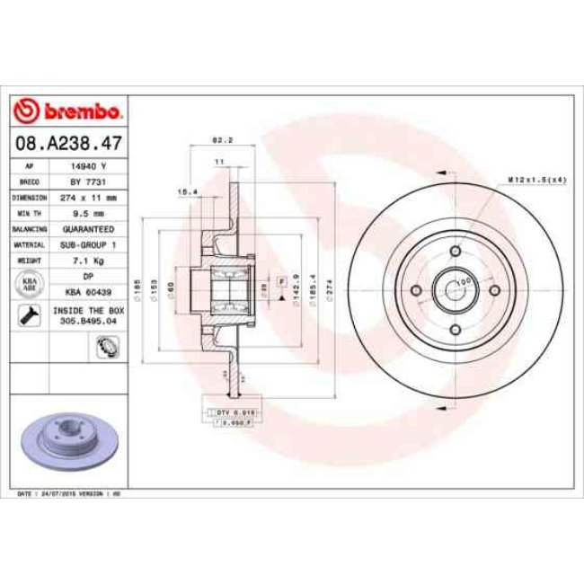 1 Disque De Frein Avec Roulement Brembo 08.a238.47