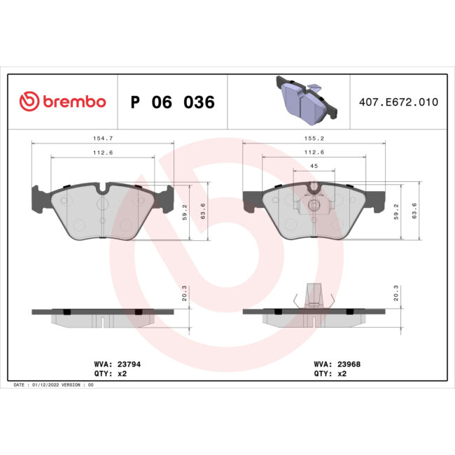 4 Plaquettes De Frein Brembo P06036