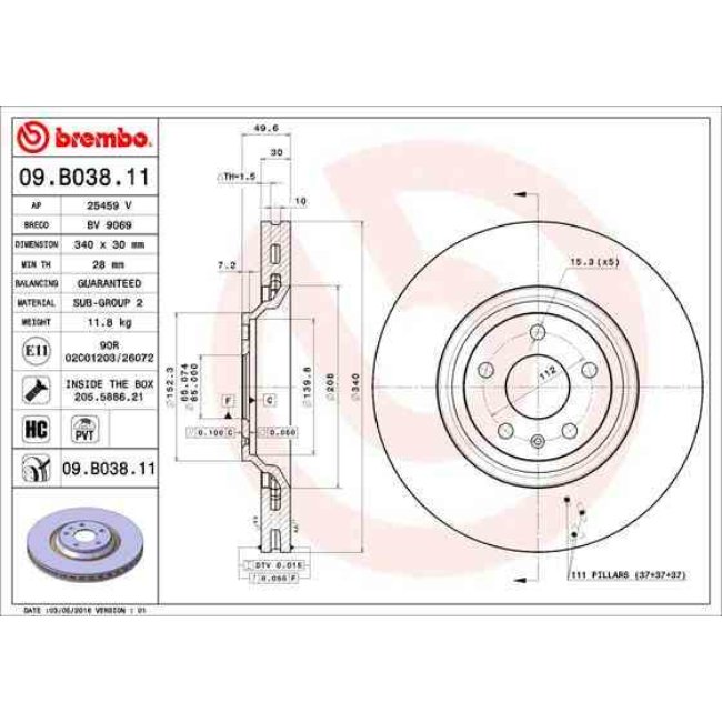 1 Disque De Frein Brembo Vernis Uv 09.b038.11