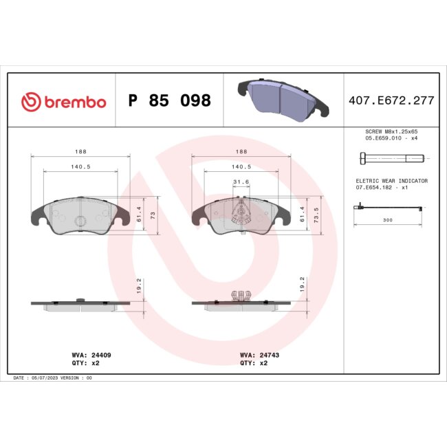 4 Plaquettes De Frein Brembo P85098