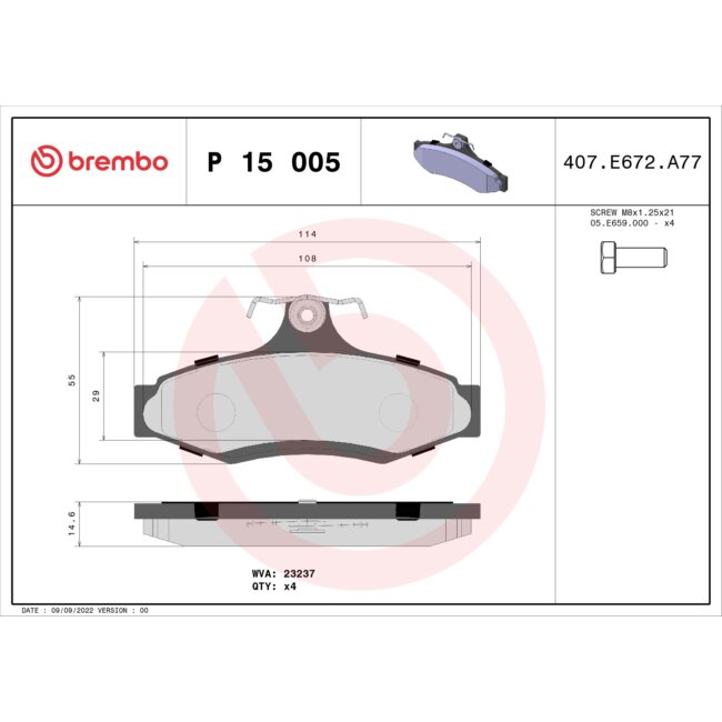 4 Plaquettes De Frein Brembo P15005