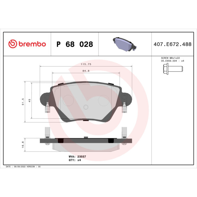 4 Plaquettes De Frein Brembo P68028