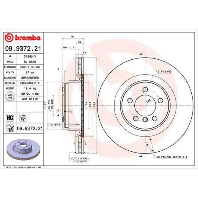 1 Disque De Frein Brembo Vernis Uv 09.9372.21